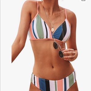 CUPSHE Women's Striped Back Hook Closure Bikini Adjustable Straps Swimsuit